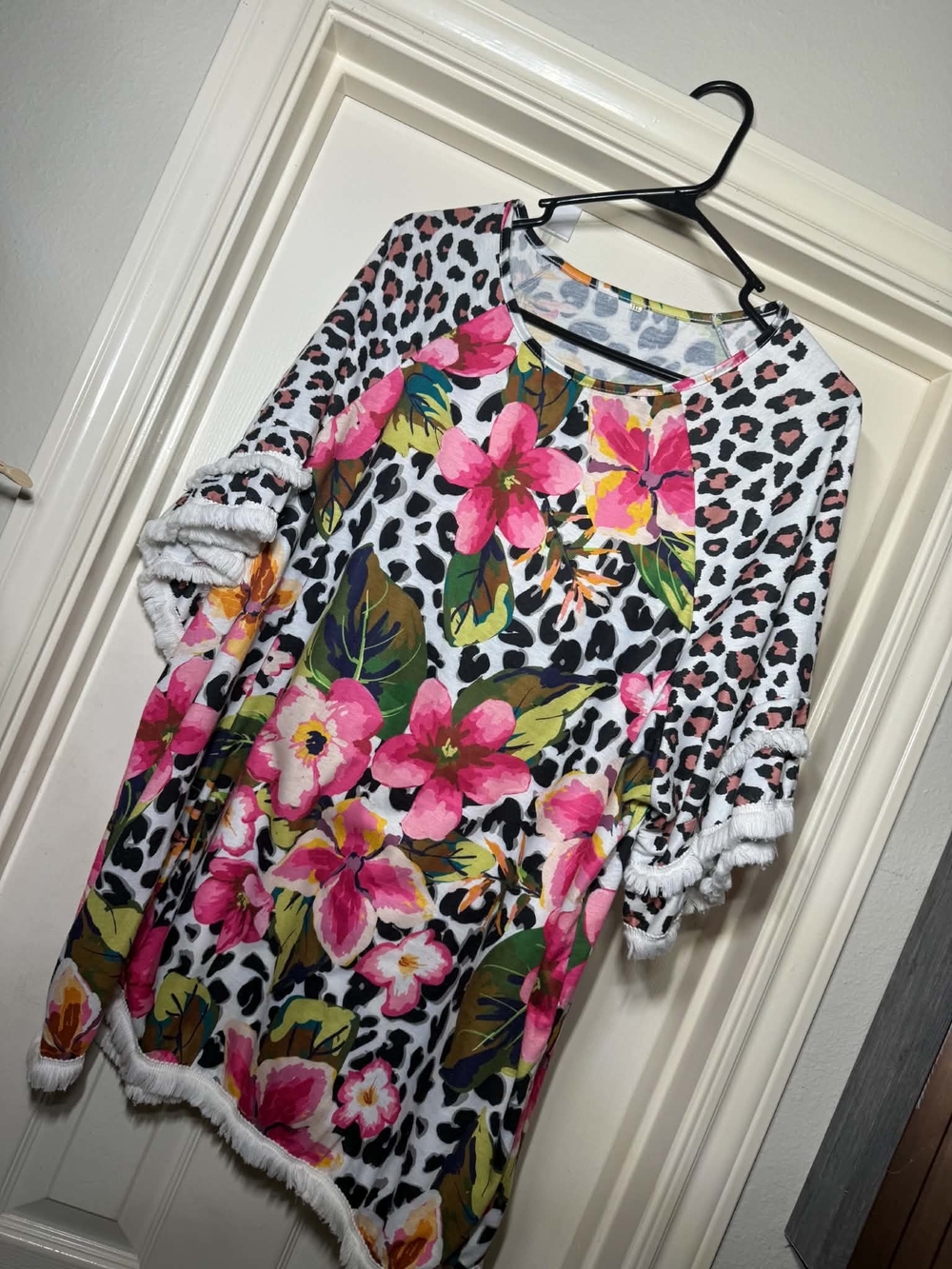 Floral & Leopard Print Fringe Tunic - Pink, Green, White Size 2XL